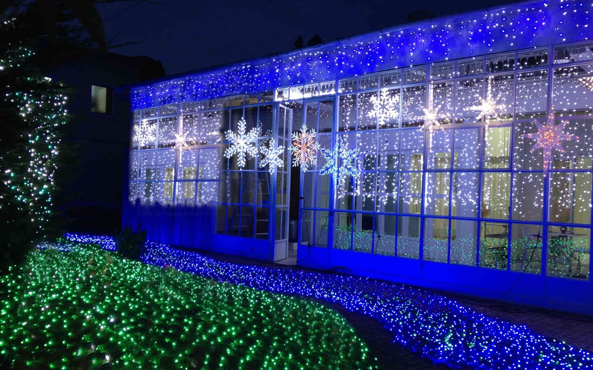 青いライトと雪の結晶