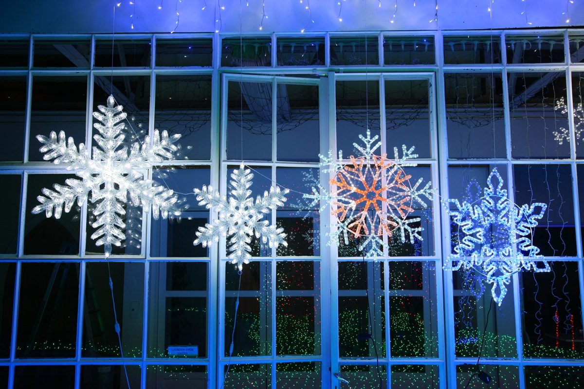 ガラス壁面の雪の結晶モチーフ