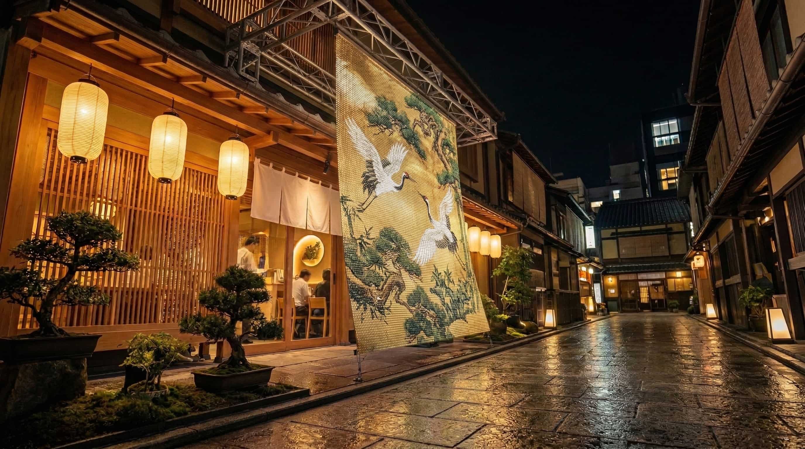 旅館エントランスを彩るLEDカーテンイルミネーション