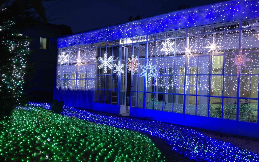 ガラス張りの建物の青いイルミネーションと雪の結晶モチーフの設置写真