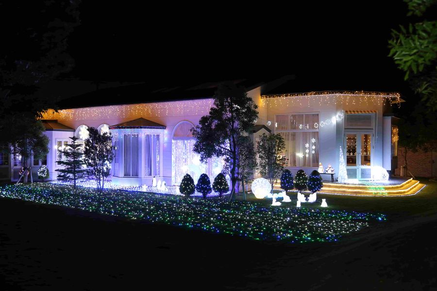 建物正面の大規模イルミネーションの設置写真