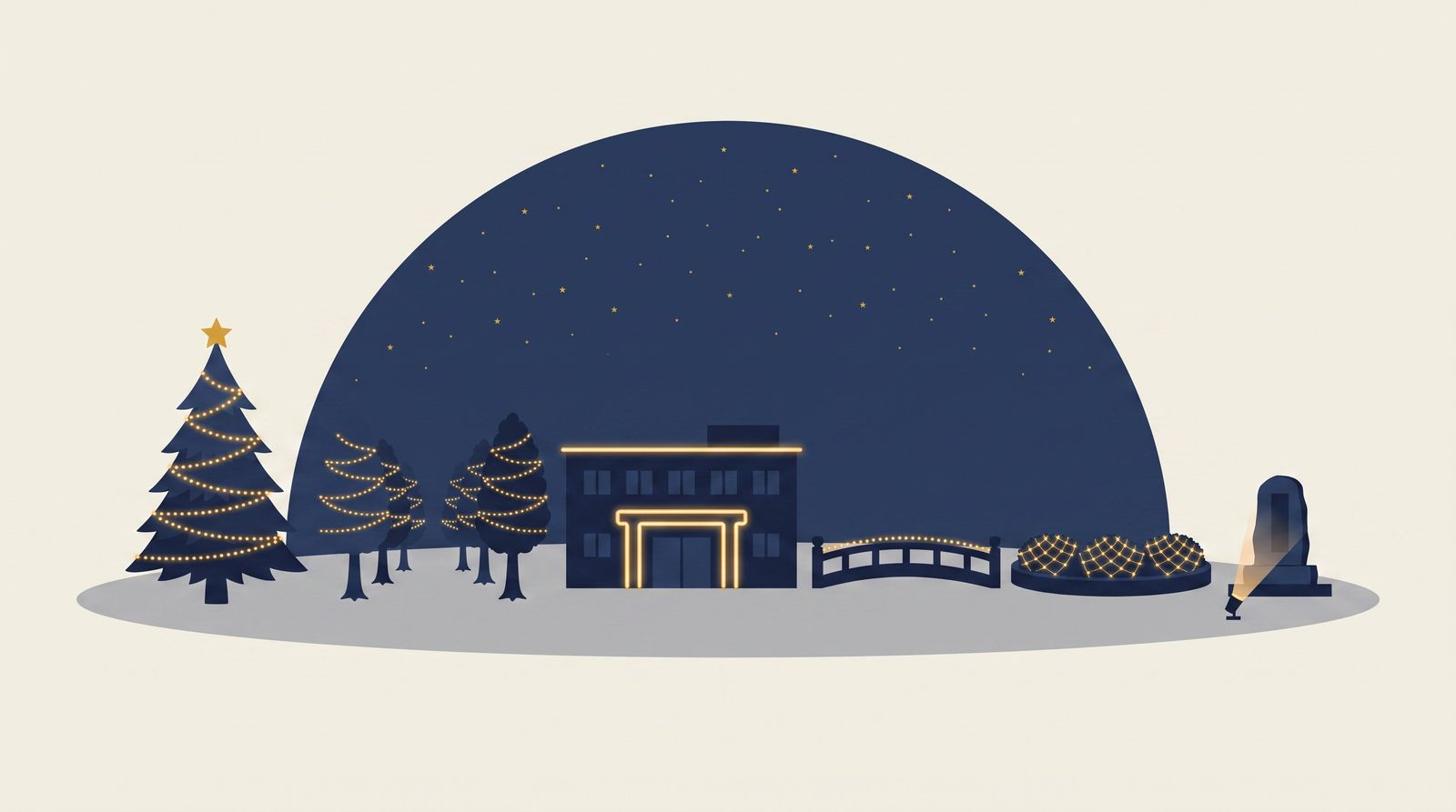 自治体イルミネーションの飾る場所マップのイラスト：(1)駅前広場のシンボルツリー (2)シンボルロードの並木ライトアップ (3)庁舎ファサードの輪郭 (4)橋の欄干のライト (5)公園植込みのネットライト (6)モニュメントの投光