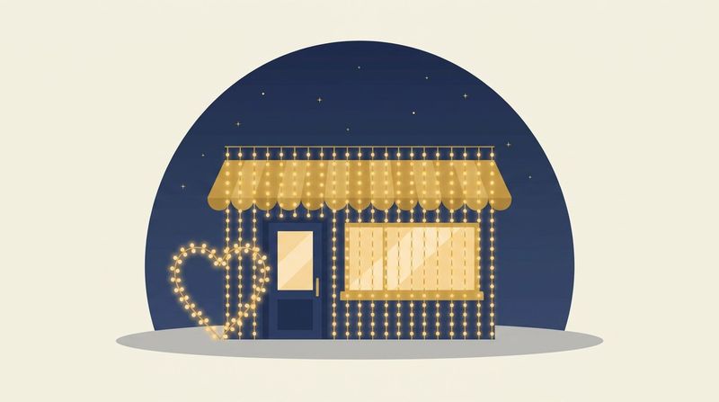 カーテンライトで飾った店舗ファサードとハートモチーフのイラスト