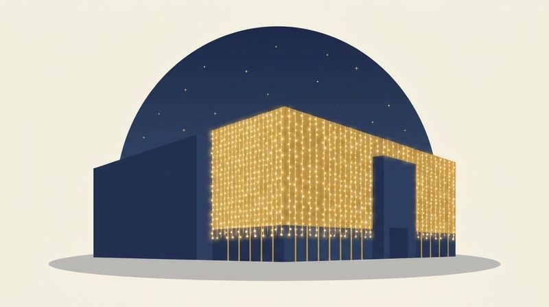 ビル正面全体をカーテンライトの光の壁にした大規模演出のイラスト