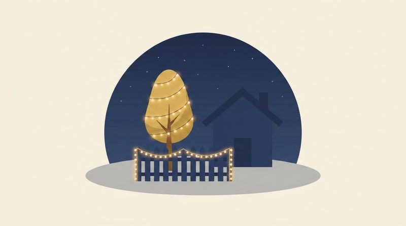 ライトを巻いた庭木とフェンスのイラスト