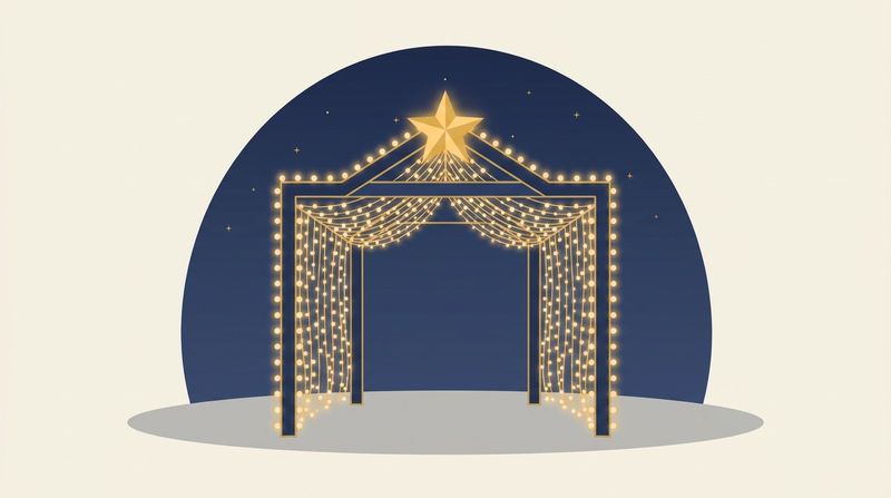 カーテンライトで縁取った商店街ゲートと頂部の星モチーフのイラスト