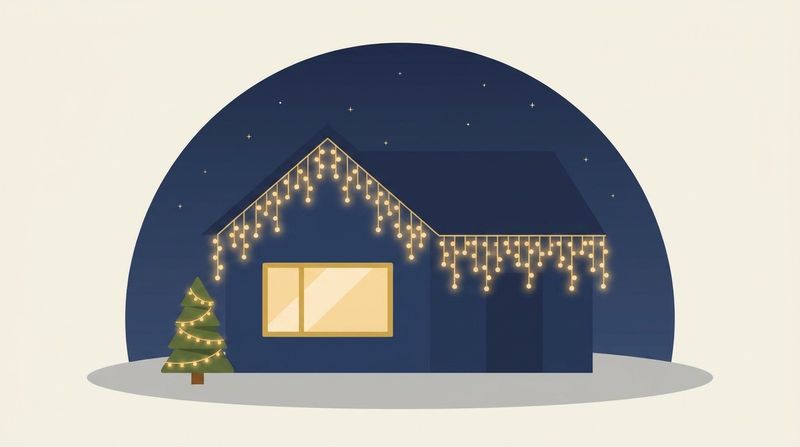 軒先につららライトを飾った家と庭木のイラスト