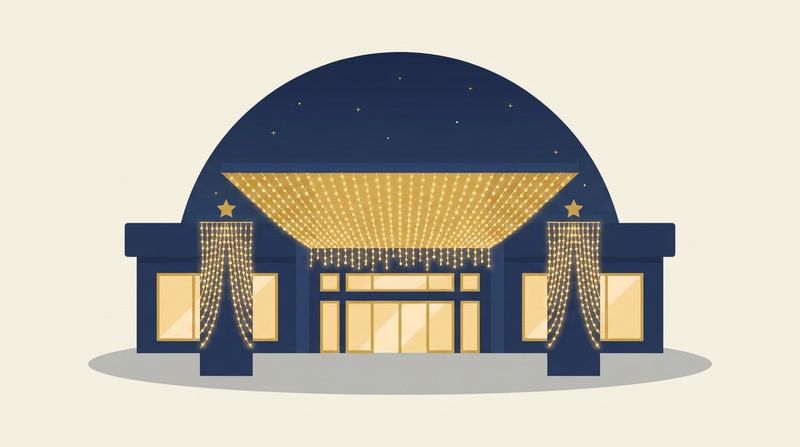 カーテンライトの庇と星付きドレープの柱で飾ったモールエントランスのイラスト
