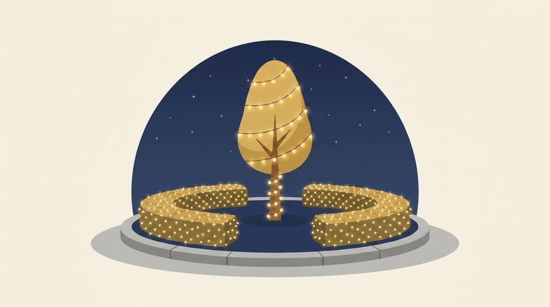 駅前ロータリーの中央にライトを巻いた木、周囲にネットライトの植込みを配したイラスト