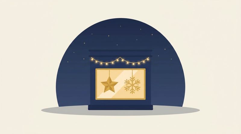 星と雪の結晶モチーフを飾った店の窓のイラスト
