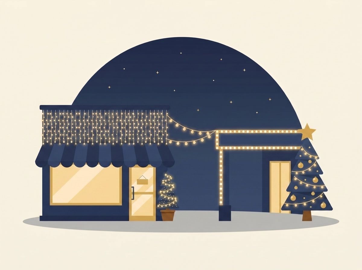 飲食店とホテルのイルミネーションのイメージ：カーテンライトのかかった店先とツリーのあるエントランスのイラスト