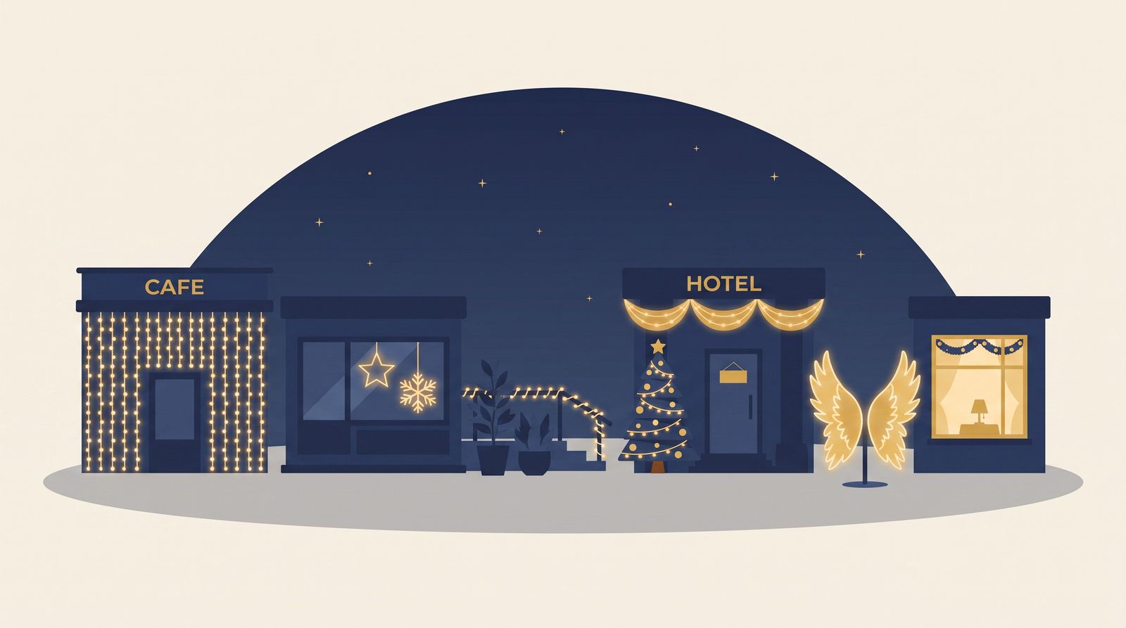 飲食店・ホテルの飾る場所マップのイラスト：(1)カーテンライトのファサード (2)窓の星・雪モチーフ (3)ライトを巻いたテラス (4)ツリーとドレープのエントランス (5)エンジェルウィングのフォトスポット (6)あたたかく灯る店内
