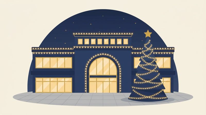 商業施設のイルミネーション規模イメージ：装飾されたモールのエントランスと大型ツリーのイラスト