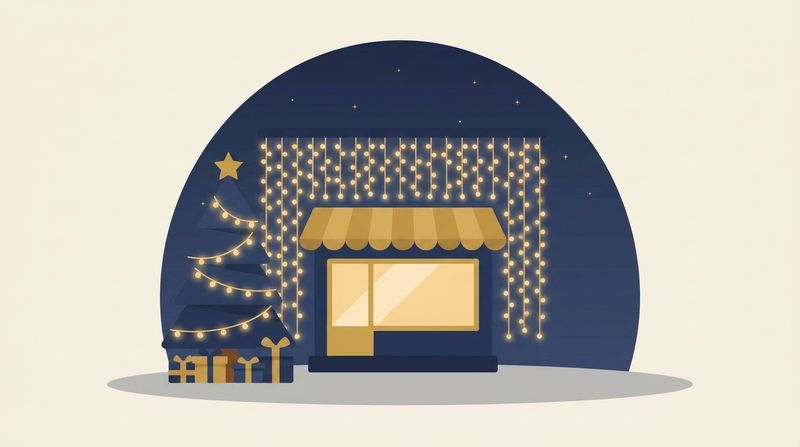 店舗のイルミネーション規模イメージ：カーテンライトのファサードとツリーのイラスト