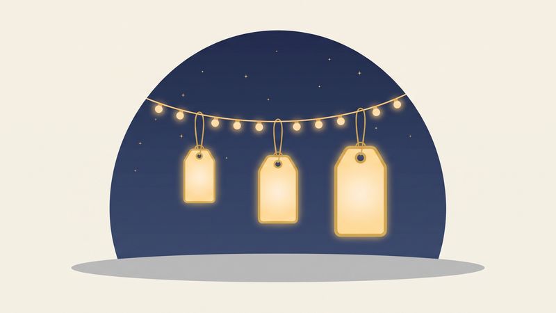 光る値札が並ぶイラスト: 全商品の価格公開