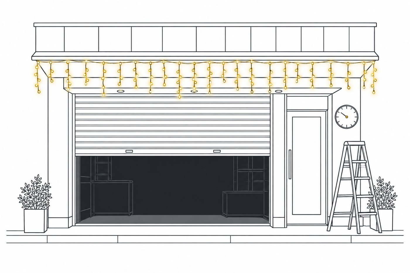 シャッターが半分下りた店先で、軒先につららライトを取り付けている途中の線画