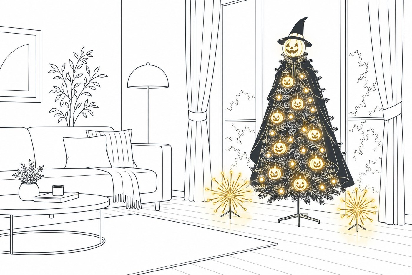 リビングの窓辺にハロウィンツリーセットを置いた図