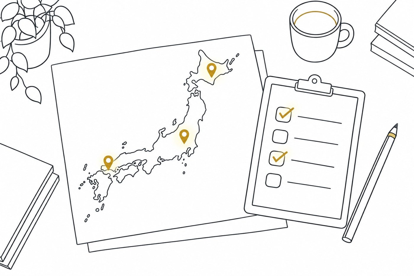 日本地図にピンを置き、確認項目にチェックを入れている図