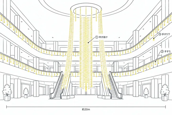 商業施設（吹き抜け）の飾り方の図
