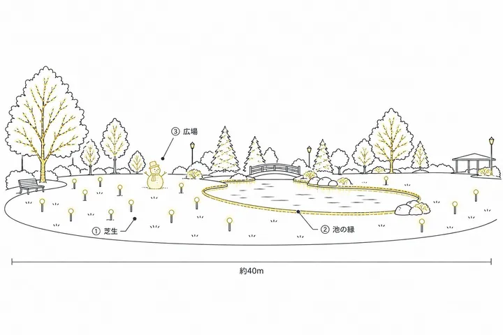 公園（広場と池）の飾り方の図