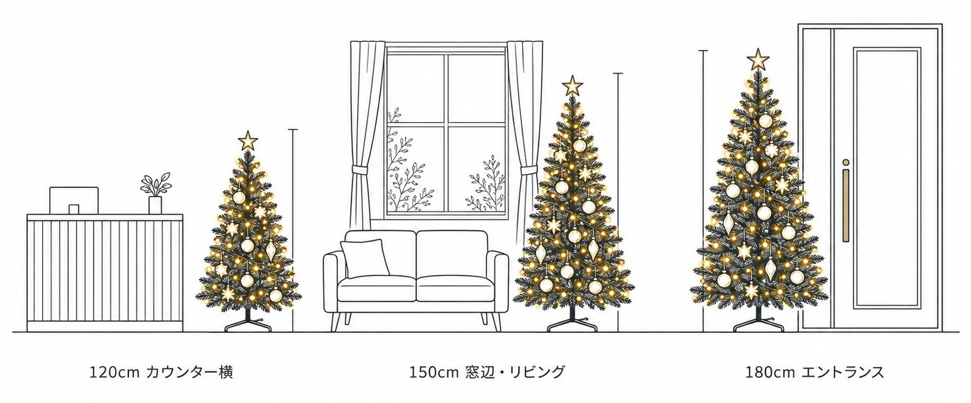 同じ縮尺で並べた3本のツリー。120cmは受付カウンターの横、150cmは窓辺とソファの横、180cmはエントランスのドアの横